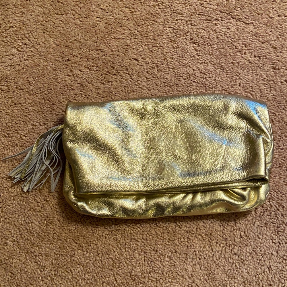 New J. Crew Gold Leather Tassel Clutch Purse